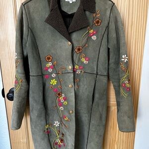 Floral Embroidered Olive Green Fleece Teddy Jacket